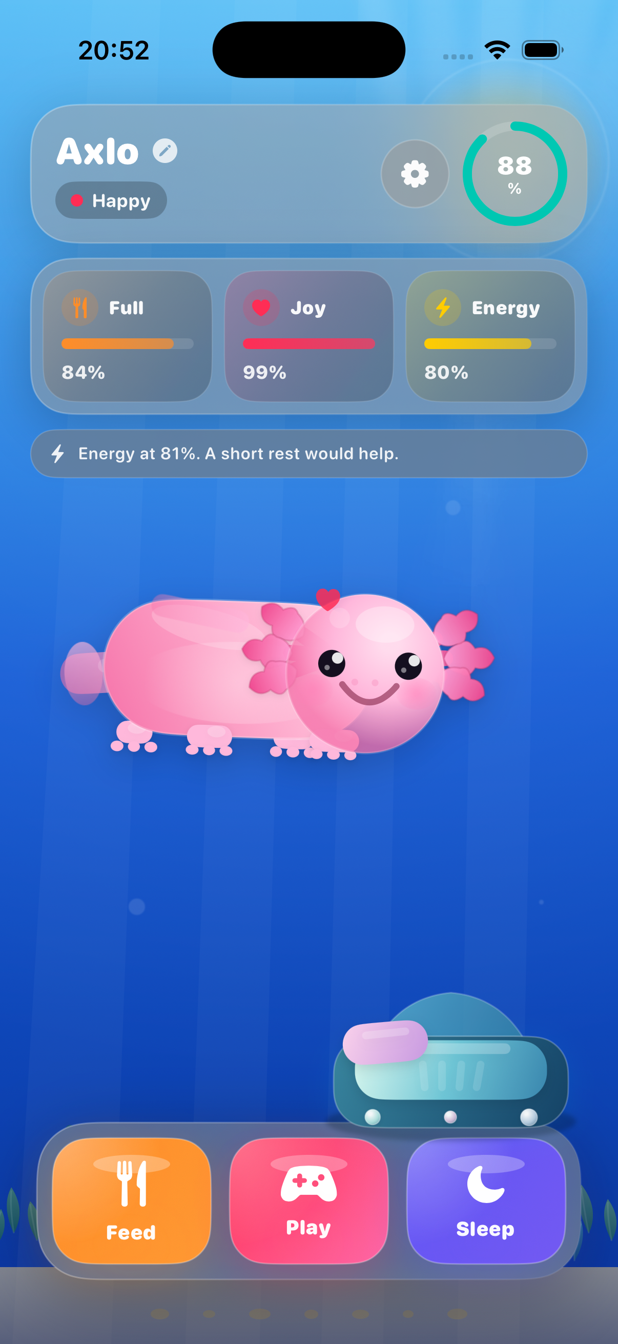 Axlo app screen showing quick care actions, updated care stats, and the animated axolotl companion.
