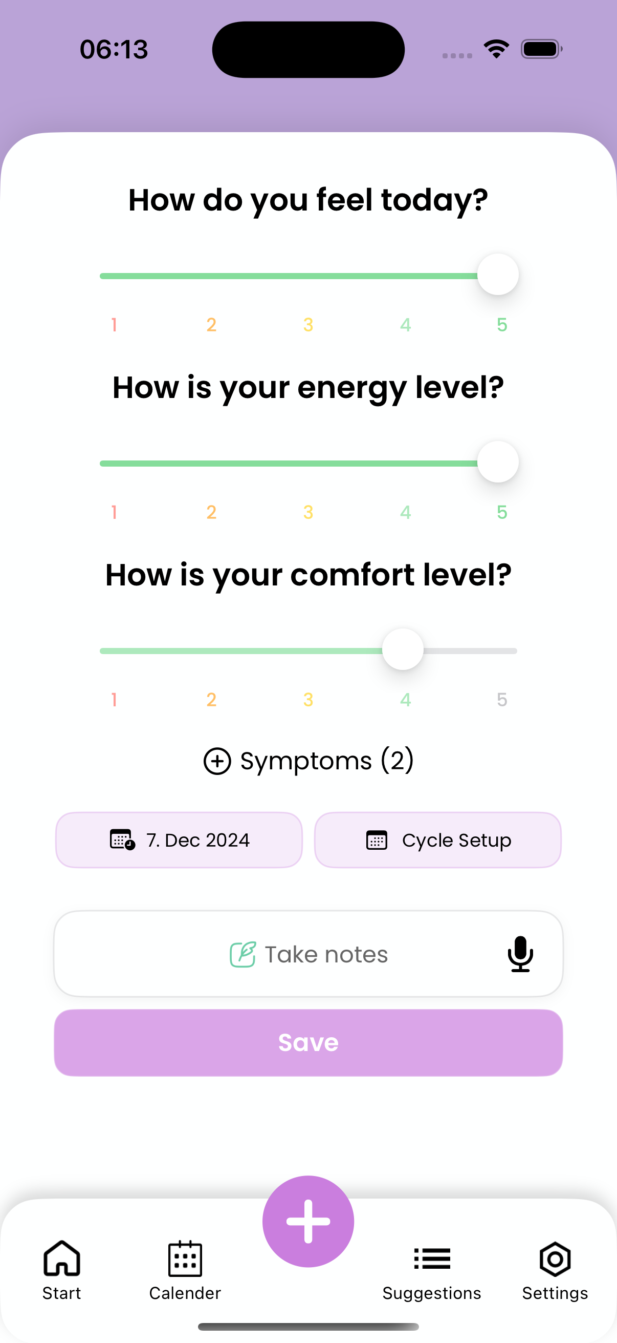 Flowa tracking screen showing symptom and cycle entry details.