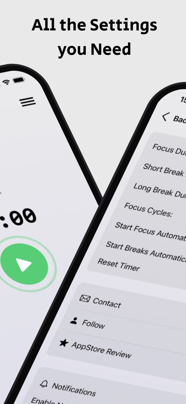Frokus settings screen showing focus timer and break preferences.
