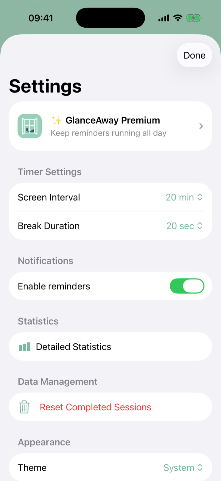 GlanceAway settings screen for customizing reminders and break intervals.