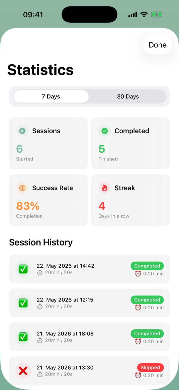 GlanceAway statistics screen with completed sessions and streaks.