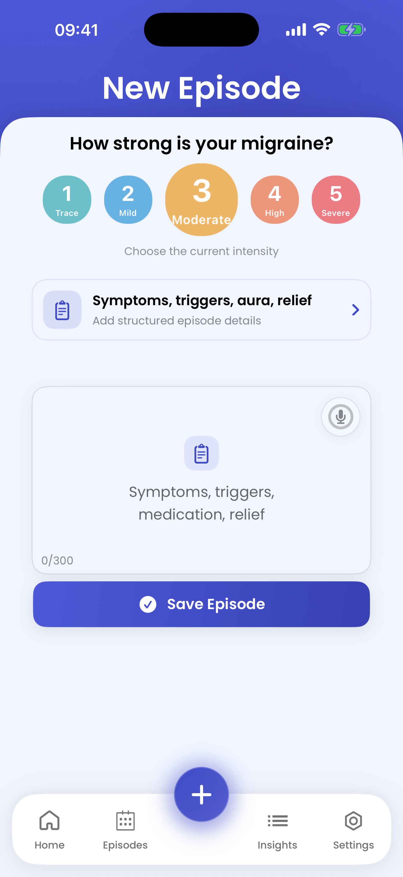 My Grain Tracker new episode screen for logging migraine intensity, symptoms, triggers, aura, medication, relief, and notes.