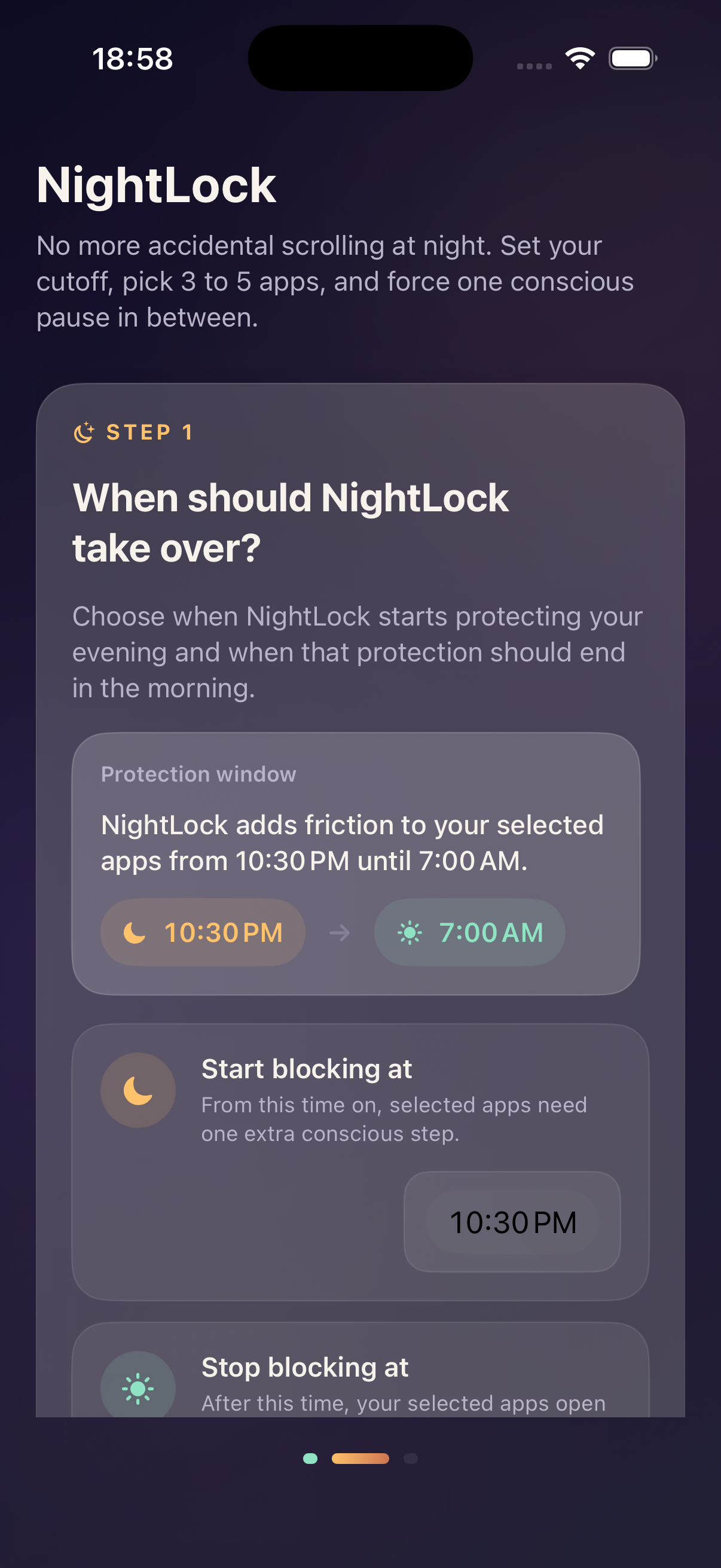 NightLock protection window screen for choosing when late-night app blocking starts and ends.