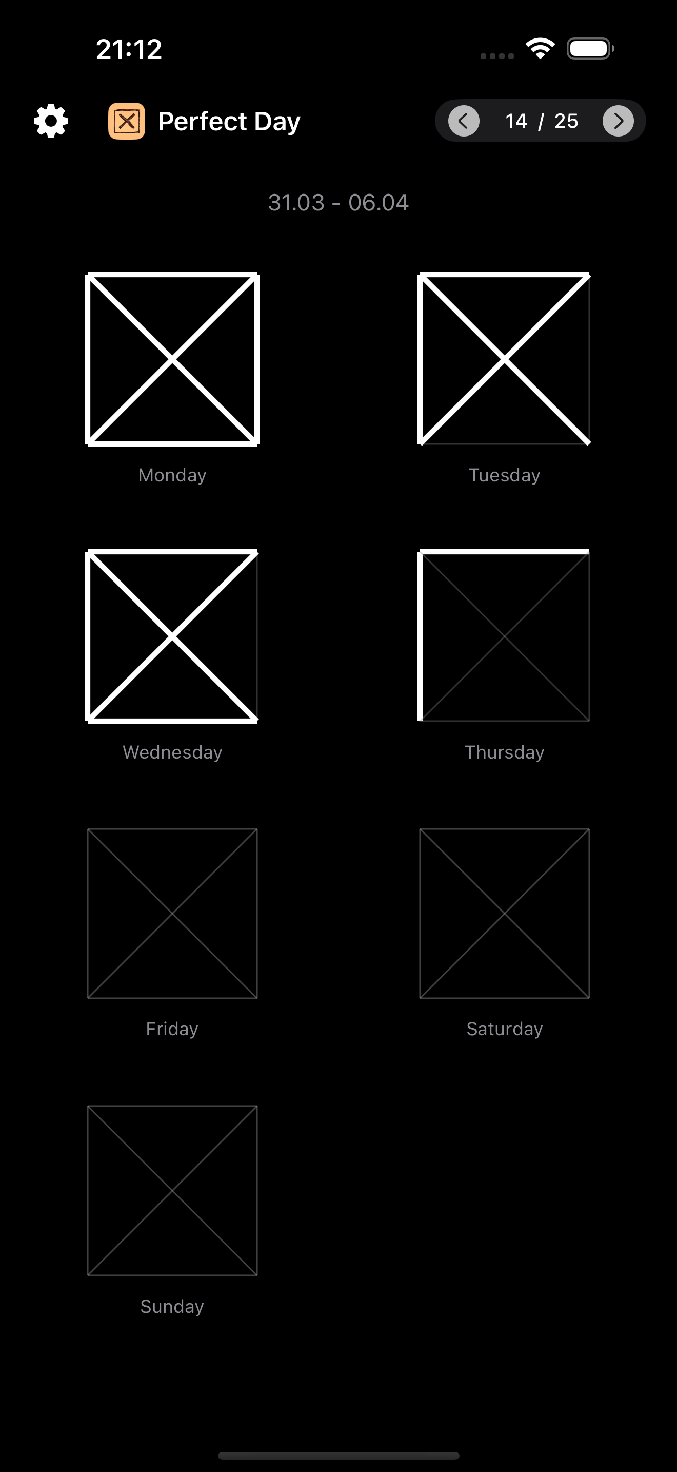 Perfect Day habit tracker weekly grid showing checked boxes for Monday, Tuesday, and Wednesday with remaining habit days ahead.