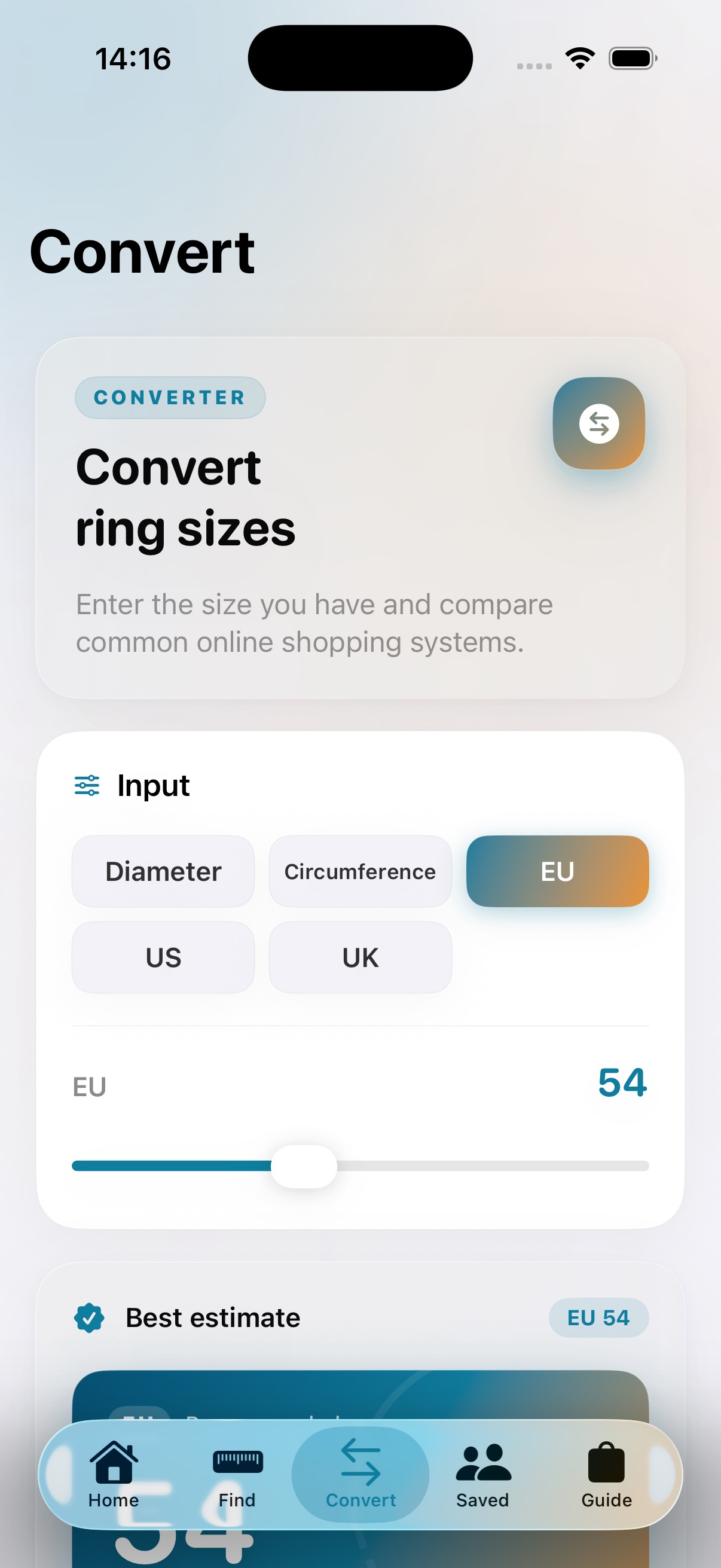 Ring Sizer convert screen showing ring size conversion between diameter, circumference, EU, US, and UK sizes.