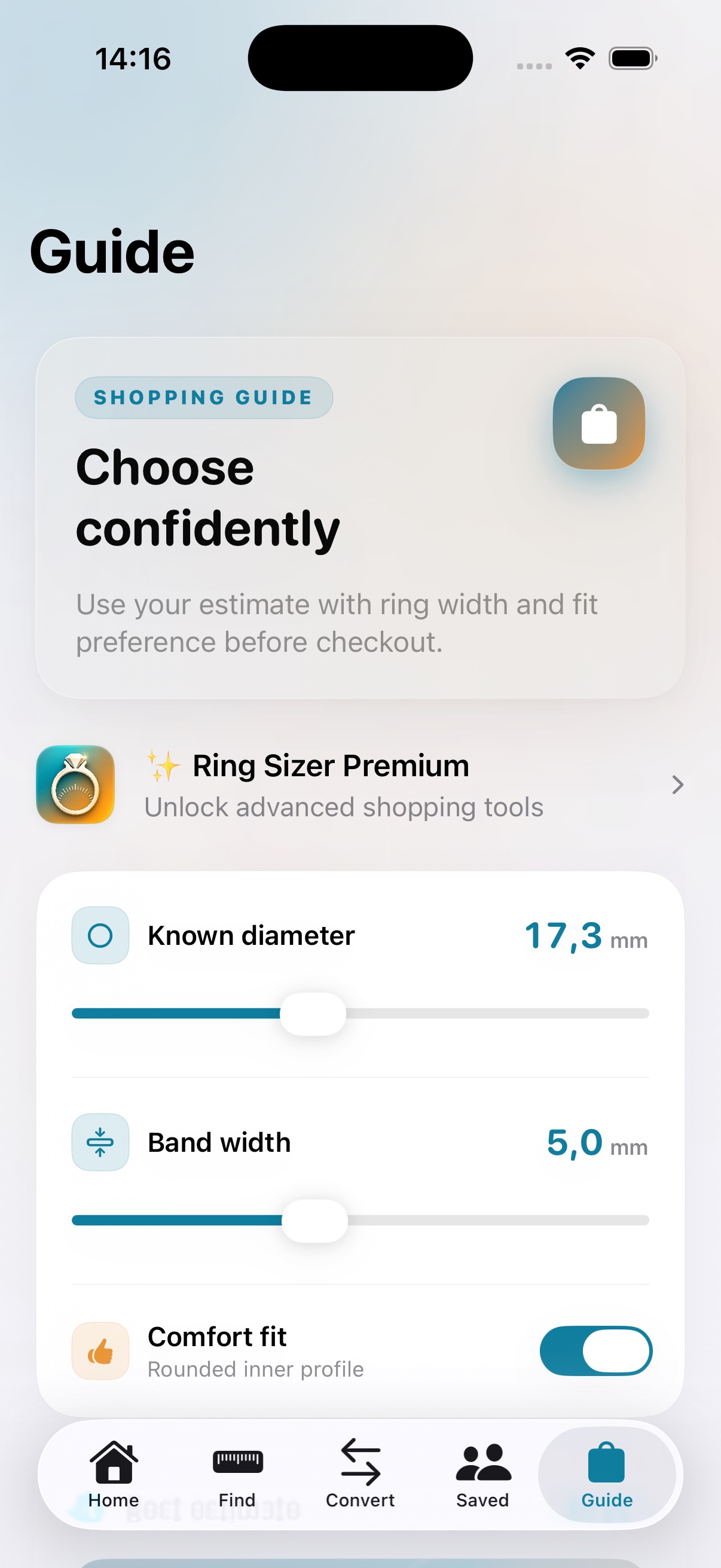Ring Sizer guide screen showing shopping guidance for known diameter, band width, comfort fit, and between-size decisions.